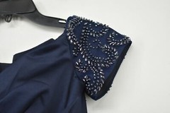La Femme Womens Navy Off The Shoulder Beaded Satin Trumpet Gown Lined Back Zip 2