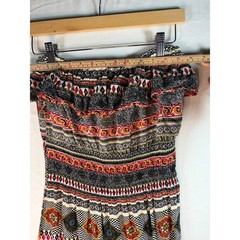 Boho Strapless Smocked Maxi Dress Multi-Color Tribal Geometric Print Rayon sz M
