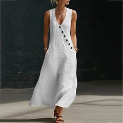 Women Plus Size Summer Maxi Dress Sleeveless V-Neck Button Front Pocket