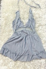 Gray Crochet & Ruffle Accent Sleeveless Sundress, V-Neck, Backless, Tie Closure