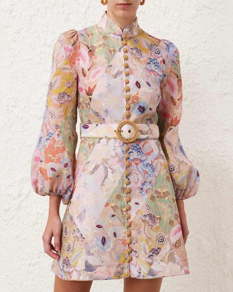 NWOT $950 Zimmermann Illustration Buttoned Belted Floral Linen Mini Dress AU3 L