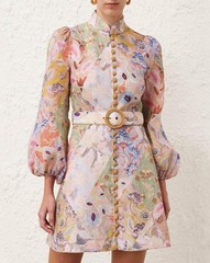 NWOT $950 Zimmermann Illustration Buttoned Belted Floral Linen Mini Dress AU0 XS