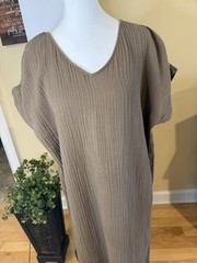 Eileen Fisher Casual V-Neck Textured Cotton Gauzy Midi Dress Olive Gray Brown