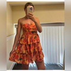 Kimchi Blue Orange Floral Strapless Tiered Ruffle Mini Dress Lace Up Back 6