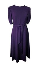 DKNY Women Size 8 Puff Ruched Sleeve Midi Dress Purple Tie Waist