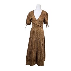 Christy Dawn Brown Ditsy Floral Cotton Wrap Maxi Dress Puff Sleeve Tiered Size M