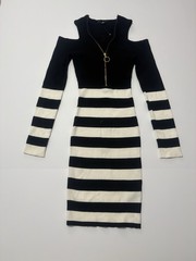 Guess Black and White Striped Cold-Shoulder Knit Dress with Zip Pull