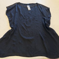 Eileen Fisher Black 100% Silk boxy tunic Sz XL bateau neck Short Sleeve Beaded
