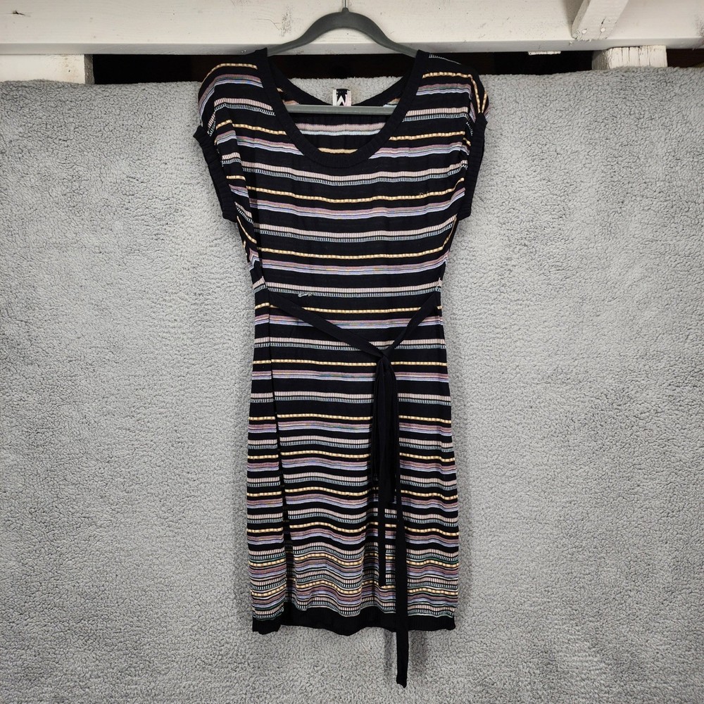 M Missoni Women&rsquo;s Size 4 Black Striped Knit Midi Dress With Belt Made in Italy