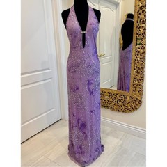 Lavender hand beaded Halter-Sequin Evening Gown on stretch. Attitudes by.Debra