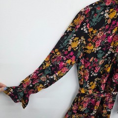Ophelia Roe Boho Mini Dress Floral Tie Waist Long Sleeve Black Pink L