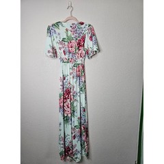 Floral Maxi Dress White Green Pink Rose Floral Boho Smocked Waist Medium