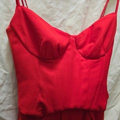 NWT OH POLLY Scarlet Red Ruffle High Slit Corset Maxi Dress US 4