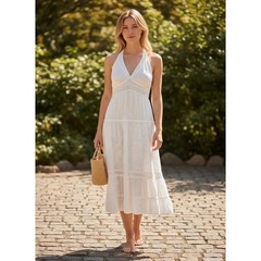 Sangria White Midi Dress Eyelet Baby Doll Halter Side Zip Cotton Size 8 FLAW