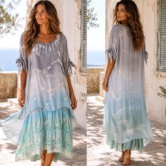 Belle France XL Silk Ombre Lagenlook Dress Italy Boho Romantic Lace Layered Maxi
