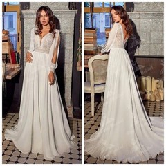 Bohemian Beach Long Sleeved Wedding Dress V-neck Chiffon Lace A-line Bridal Gown