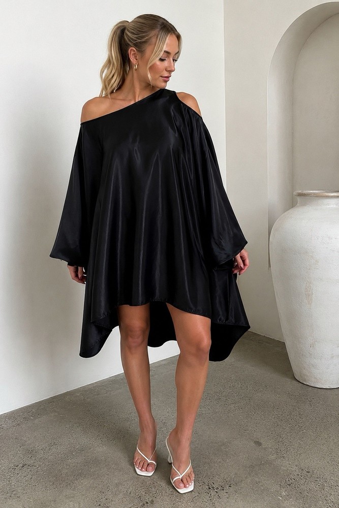 Black Satin One-Shoulder Oversized High-Low Caftan Dress | One Size
