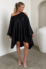 Black Satin One-Shoulder Oversized High-Low Caftan Dress | One Size