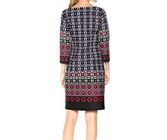 Nine West Womens Geometric Medallion Shift Dress Navy Burgundy 3/4 Sleeve Sz 16