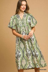 Umgee Green Multi Abstract Print Midi Dress Smocked Yoke Short Balloon Sleeves
