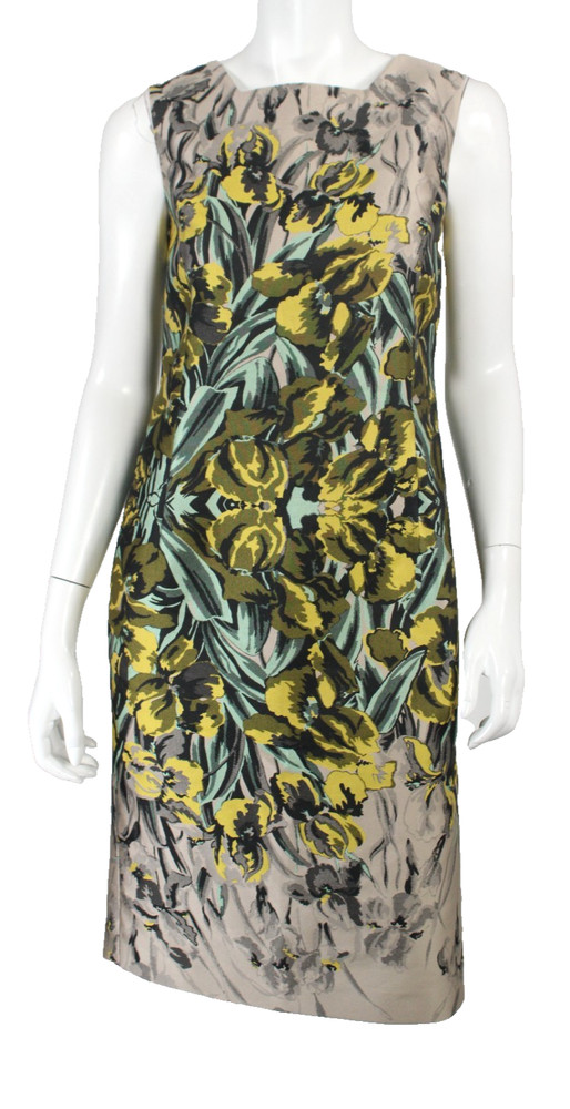 CAROLINA HERRERA Beige & Yellow IRIS Jacquard Sleeveless Sheath Dress 10