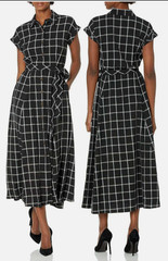EUC CALVIN KLEIN Gauze Windowpane Midi Shirtdress Belted Short Sleeve Sz 8 Black