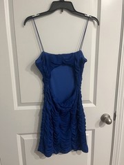 Windsor Blue Ruched Mesh Lined Open Back Spaghetti Strap Mini Dress L
