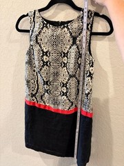 LOFT Sleeveless Snakeskin Print Linen Blend Dress with Red Ribbon Trim