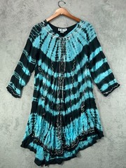 Jessica Taylor Womens 3X Umbrella Dress Turquoise Black Tie Dye Embroider LS NWT