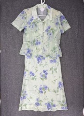 Vintage Karin Stevens Midi Dress & Jacket Set Size 8 Green Floral Sheer Lined