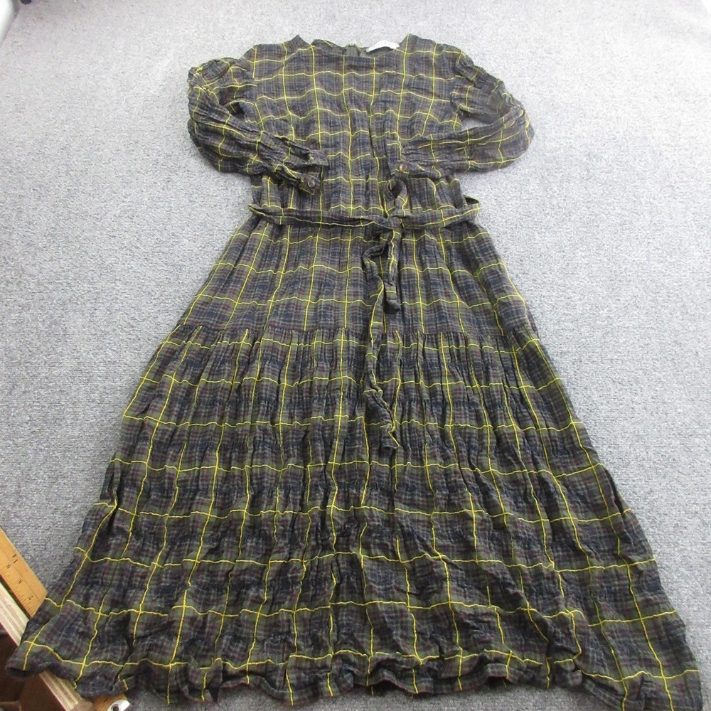 Gravel & Gold Dress Womens 2 Multicolor Plaid Cotton Maxi Long Sleeve Belted
