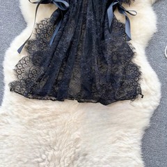 Fashion Lace Mesh Sensual Comfortable Mini Dress Women V Neck Lace-up Black