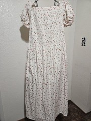 H&M Floral Smocked Long Puff Sleeve Dress, Square Neck, White/Red/Green, XXL