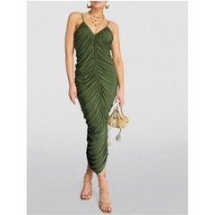 Norma Kamali Slinky To Knee Ruched Dress Olive Green V-Neck Spaghetti Strap Midi