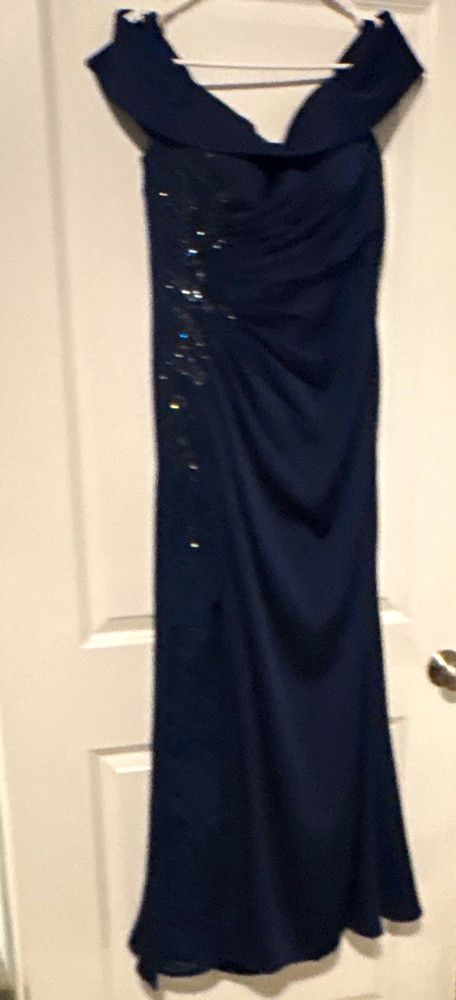 Montage by Mon Cheri Blue Off Shoulder Ruched Sequin Maxi Gown Dress 14