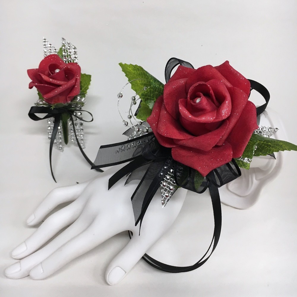 Glamour Single Red Rose on Black- Silver Trim Wrist Corsage & Boutonniere Combo