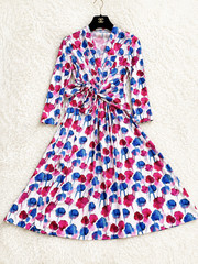 CORCOVADO Wrap Dress S Floral Pink Blue A-Line Long Sleeve Waist Tie Japan