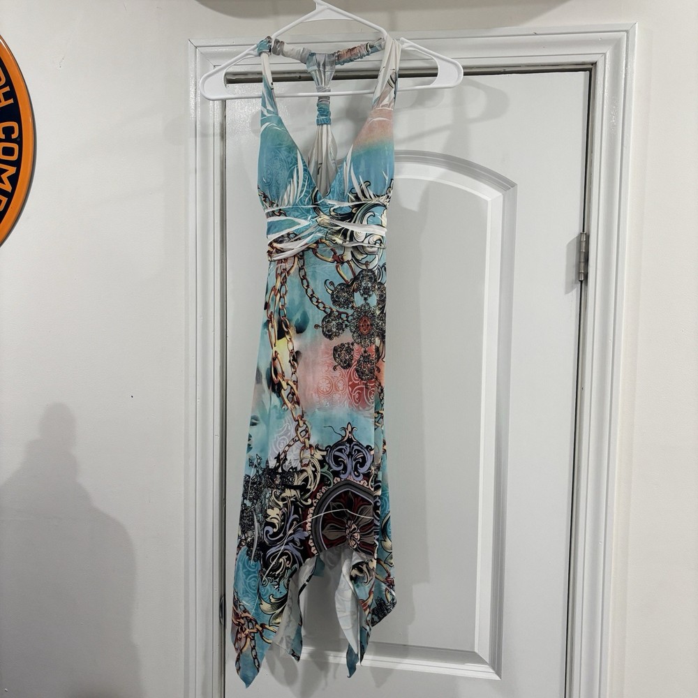 Abstract Multicolor Halter V-Neck Fit & Flare Hi-Low Dress Sleeveless S