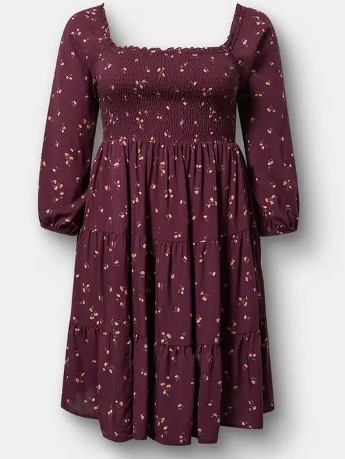 NWT Torrid Plus Size 4X Wine Smocked Bodice Mini Dress Floral Puff Sleeve $76