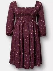 NWT Torrid Plus Size 4X Wine Smocked Bodice Mini Dress Floral Puff Sleeve $76