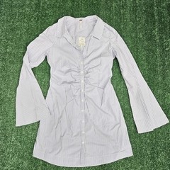 NWT Free People Center Gathered Bell Sleeve Striped Shirt Dress Blue Small