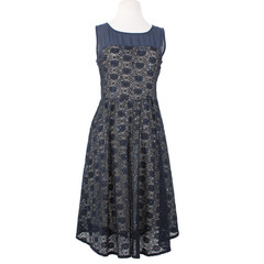 J Taylor Dress Sz 8 Navy Blue Tan Lined Lace Detail Sequin Nylon Poly Spandex