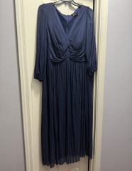 Ever-Pretty Women Blue Solid Chiffon V-Neck Long Sleeve Pleated Long 3XL