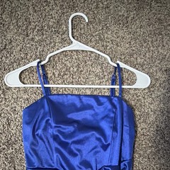 Women’s Blue Satin Slip Mini Dress S Adjustable Spaghetti Straps Ruched