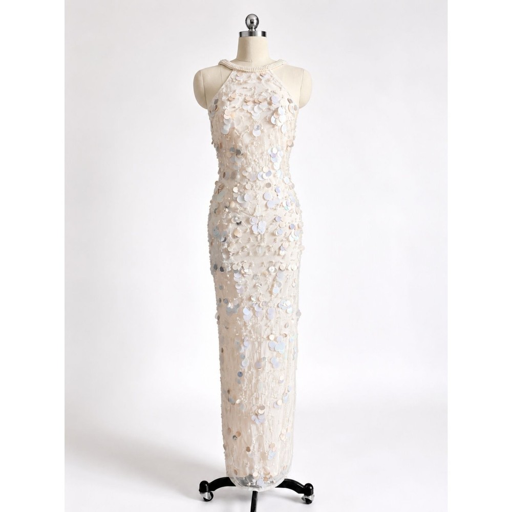 Mac Duggal Porcelain Crystal Embellished Cascade Open Back Gown Size 2