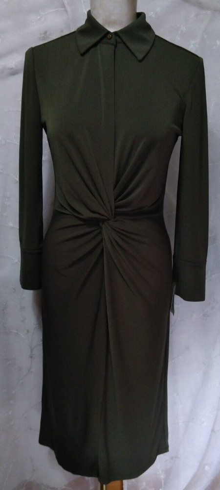 New JUST TAYLOR Size 4 Twisted Front Shirt Dress Long Sleeves Button Cuff Olive
