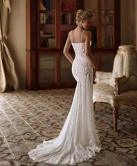 Lace Mermaid Wedding Dress Rhinestone Tulle Cape Long Train Luxury Bridal Gown
