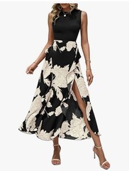 Women’s Casual Sleeveless Summer Dress Black And White Floral Crewneck, S