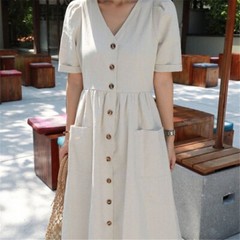 Womens Cotton Blend Dress V-neck Long Belt Button Loose Casual Fairy Apricot New
