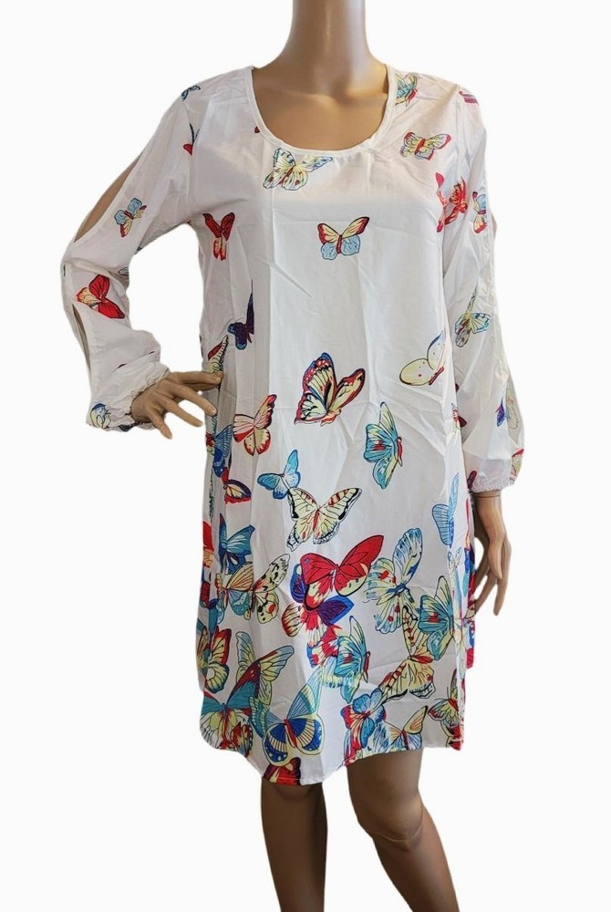 Womens SZ M White BUTTERFLY Print Dress Shift Cold Sleeve NWT USA SELLER